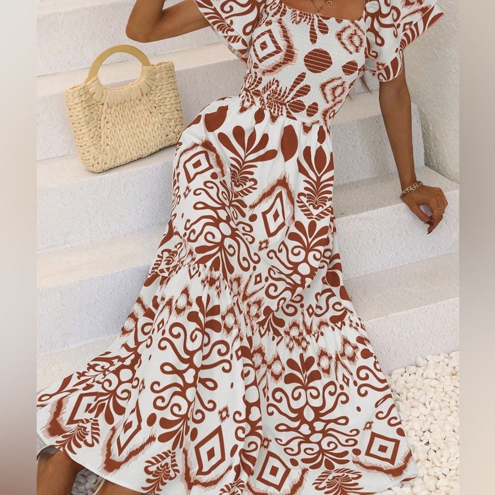 NEW Women Square Neckline Short Sleeve Spring Summer Dress All Over Print